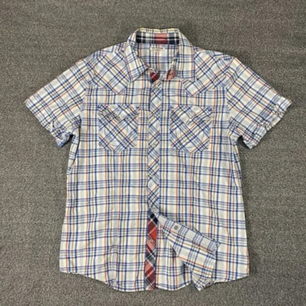 True Religion‎ Pearl Snap Western Shirt XL Blue Red Plaid Cowboy Y2K Preppy